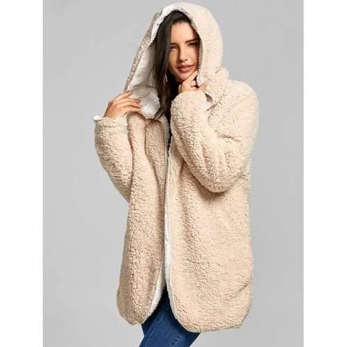 Reversible Fleece Hooded Coat - Light Khaki One Size Oversized Teddy Coat