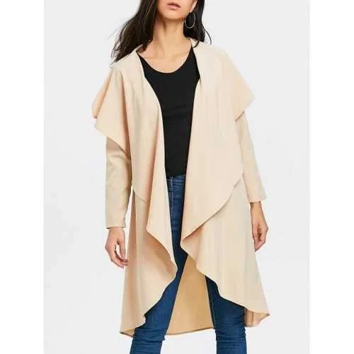 Turndown Collar Asymmetric Duster Coat - Apricot M Sleek Leather Jacket