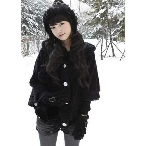 New Autumn and Winter Style Lovely Bat-wing Sleeve Fleece Cloak Coat - Black Softshell Outdoor Jacket