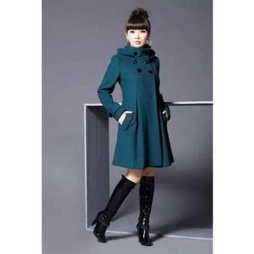 Elegant and Slim Double-Breasted Frills Long Sleeves Worsted Coat For Women Hooded Raincoat Women