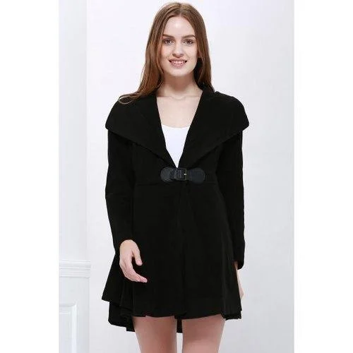 Solid Color Noble Style Worsted Turn-Down Collar Long Sleeves Women's Coat - Black M Vintage Suede Jacket