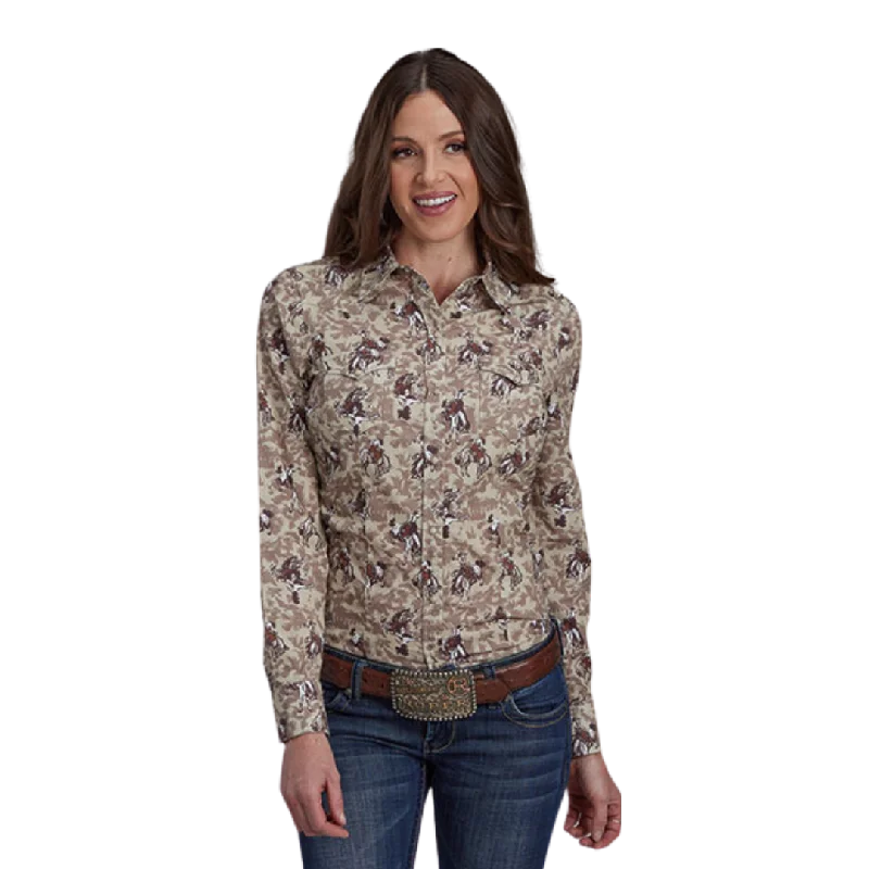 Roper Women's Cowboy Print Brown Shirt Welt Pockets Slit Pockets