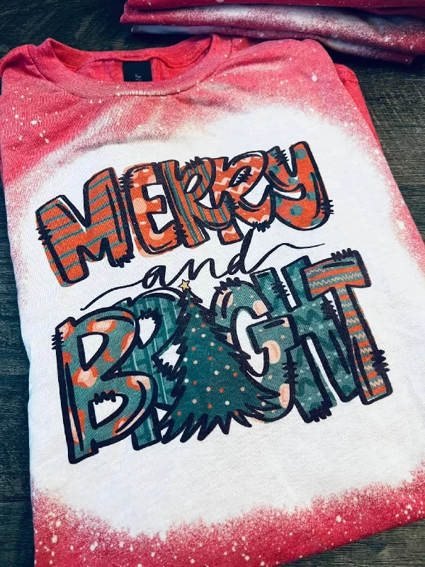 2Girls1HeatPressLLC - Merry and Bright bleached tee Collared Crew Neck Turtle Neck