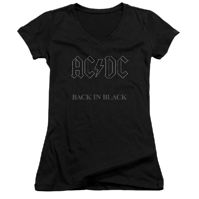 AC/DC Back In Black Junior's 30/1 100% Cotton Cap-Sleeve Sheer V-Neck T-Shirt Zippered Buttoned Snapped