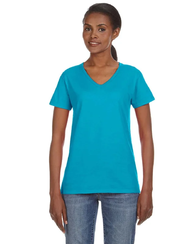 Anvil Ladies Lightweight V-Neck T-Shirt | Caribbean Blue Front Pockets Side Pockets Patch Pockets