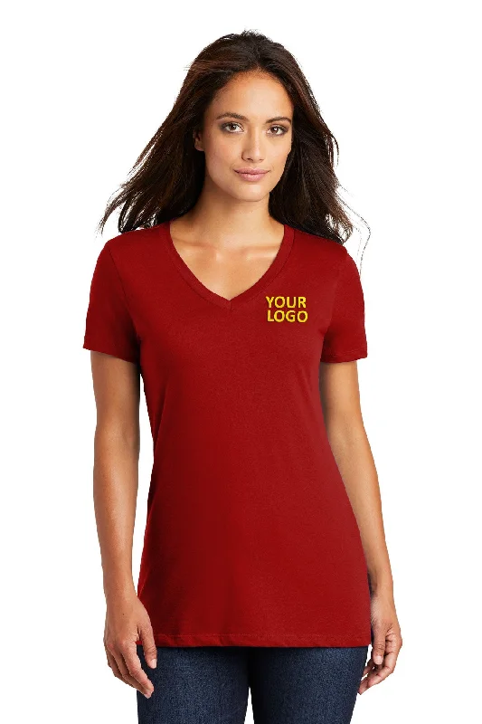 District Made Ladies Perfect Weight V-Neck Tee's, Classic Red Welt Pockets Slit Pockets Flap Pockets