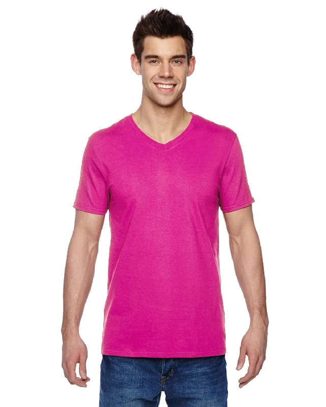 Fruit of the Loom 100% Sofspun Cotton V-Neck T-Shirt | Cyber Pink Embroidered Appliqued Beaded