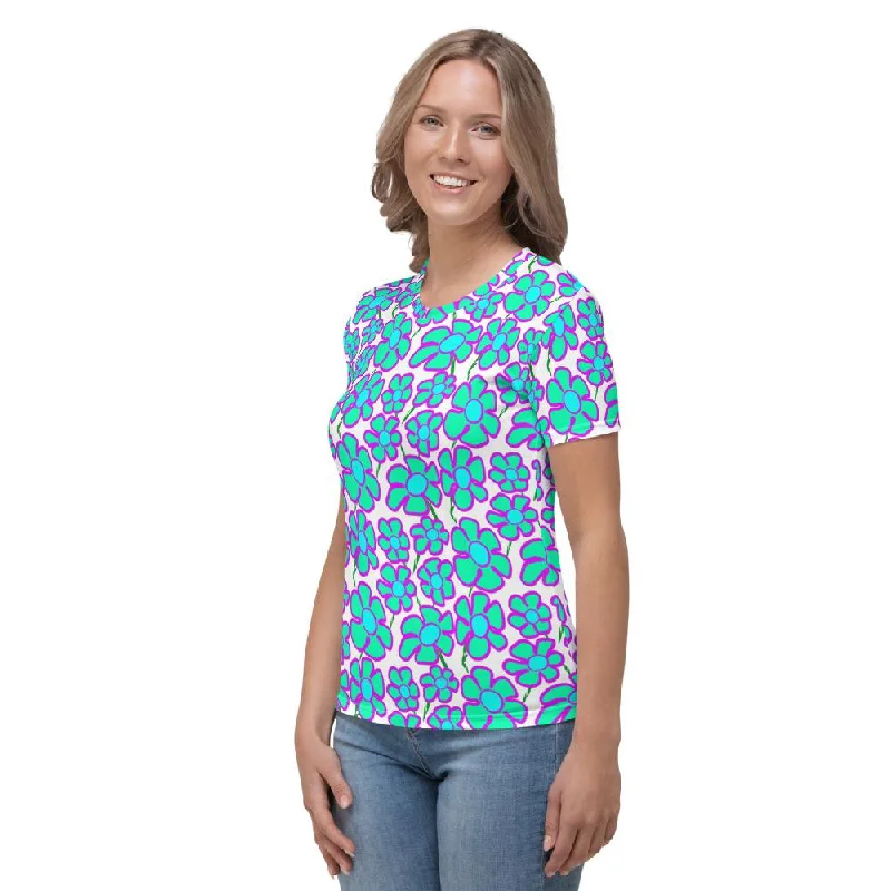 Greenflower Pattern on White - Women's AOP T-shirt Collared Crew Neck Turtle Neck