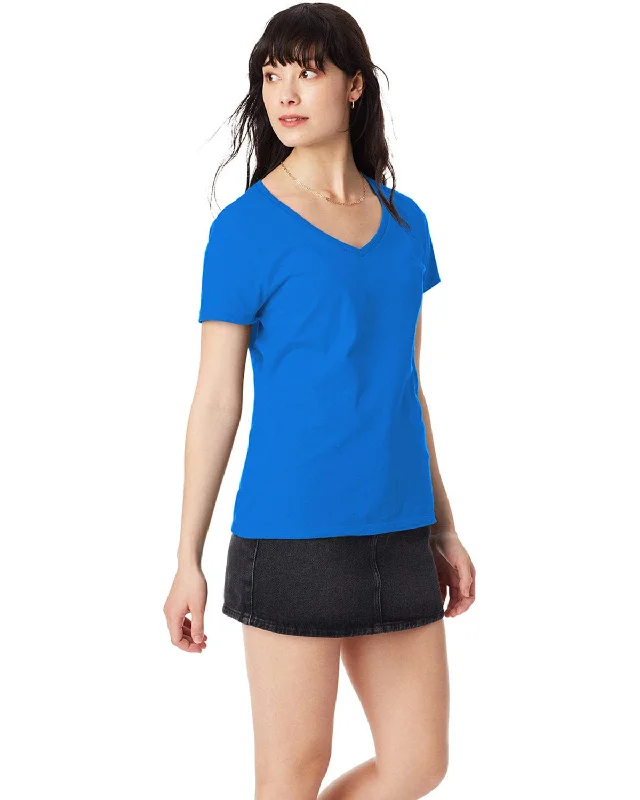 Hanes Ladies Ringspun Cotton Nano V-Neck T-Shirt | Bluebell Breeze Solid Color Striped Floral