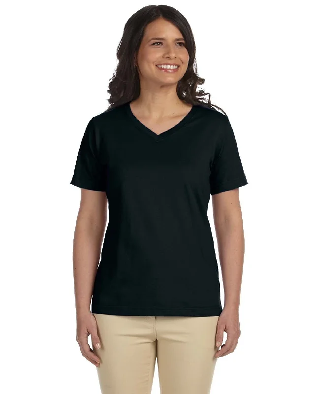 LAT Ladies Combed Cotton V-Neck T-Shirt | Black Hooded Caped Shawl Collar