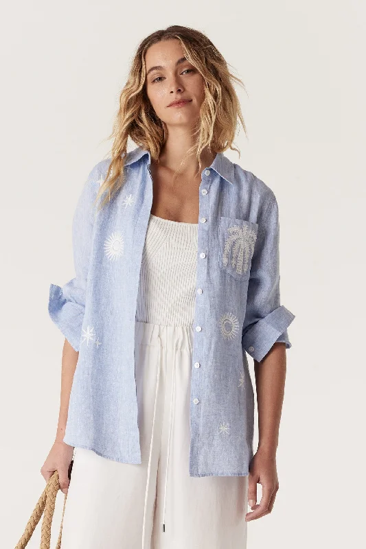 Palm Linen Embroidered Shirt - Blue Marle Front Pockets Side Pockets Patch Pockets