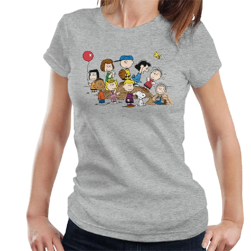 Peanuts Baseball Group Women's T-Shirt Denim Fabric Leather Fabric Suede Fabric