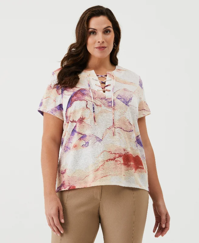 Plus Size Eco Watercolor Print Lace-Up Tee Cashmere Blend Cotton Blend Poly Blend