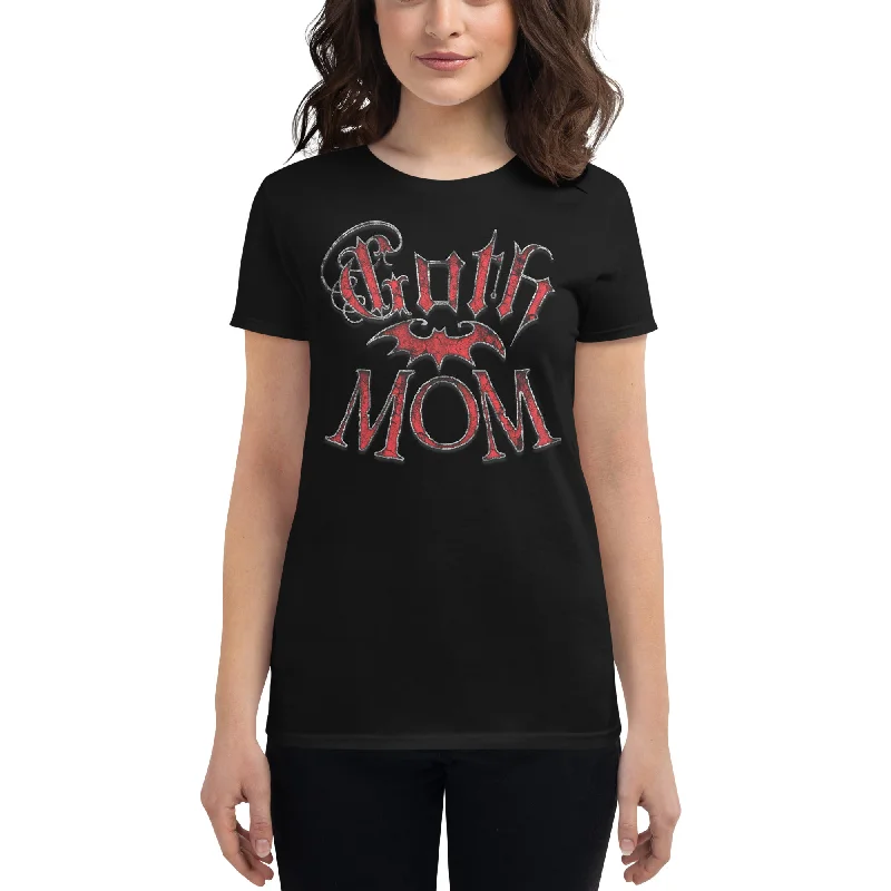 Red Goth Mom with Bat Mother's Day Women's Short Sleeve Babydoll T-shirt Ribbed T-Shirt High Neck Heavyweight