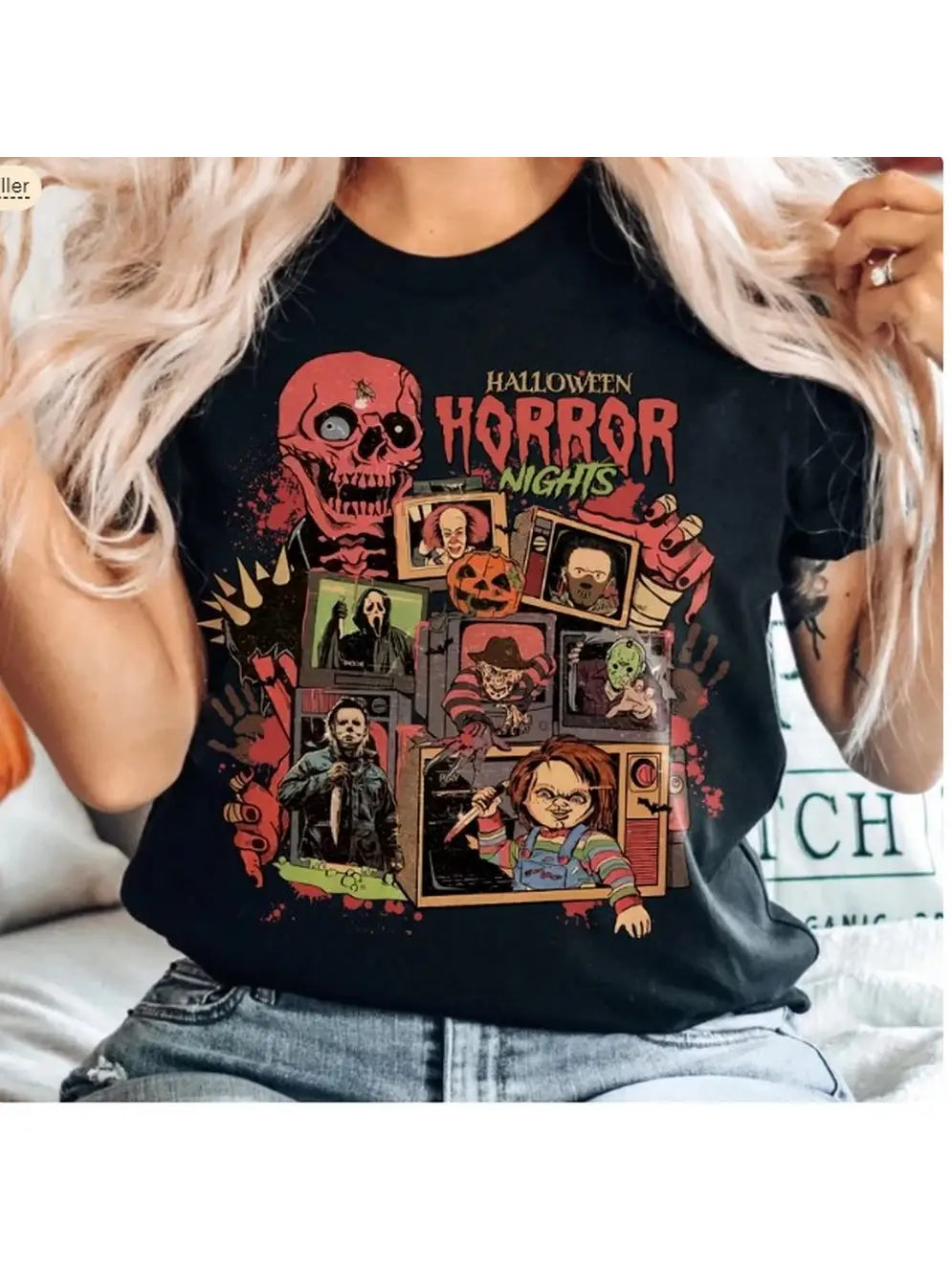 Retro Horror Night Shirt, Halloween Shirt, Vintage 90s Halloween Thin T-Shirt Open Front Quick Dry