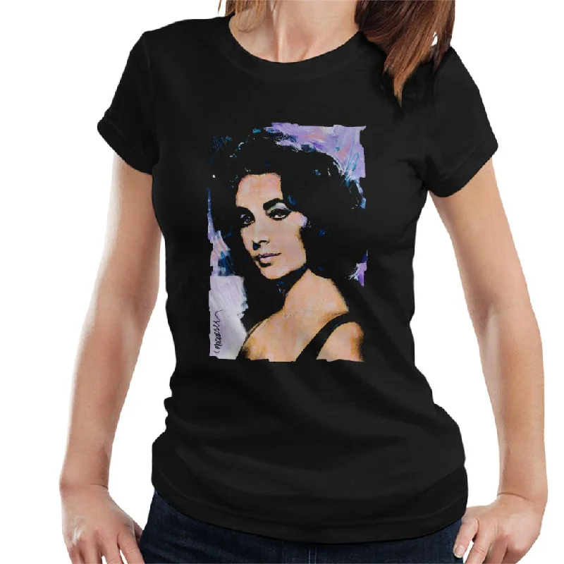 Sidney Maurer Original Portrait Of Actress Elizabeth Taylor Women's T-Shirt Zippered Front Buttoned Front Snap Front