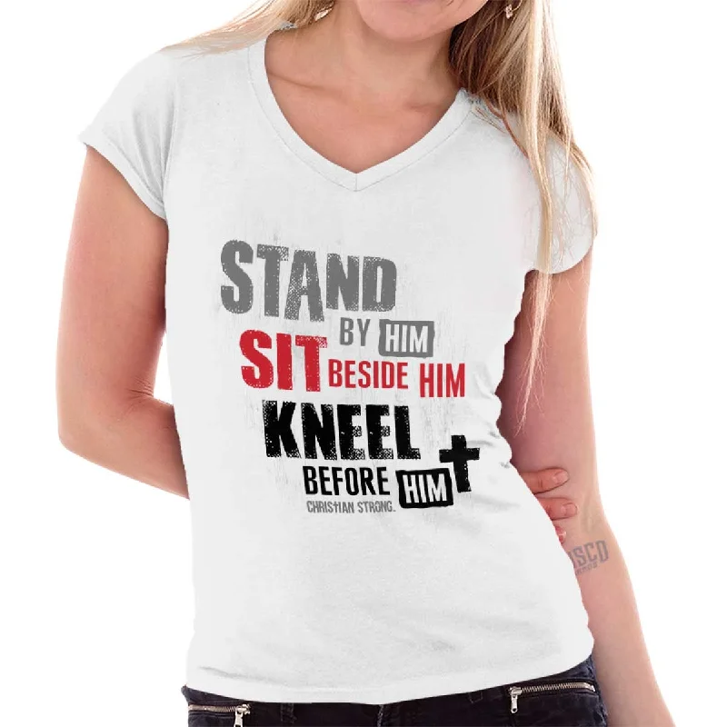 Stand Sit Kneel Junior Fit V-Neck T-Shirt Anti-Pilling Machine Wash Handmade