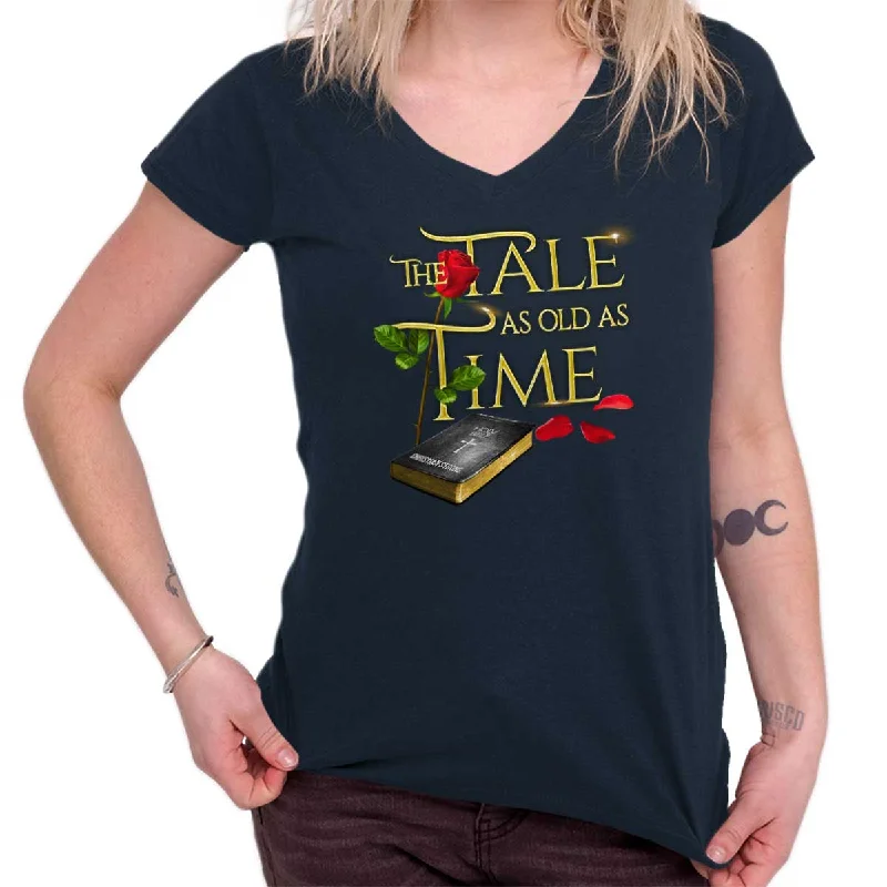 Tale Old as Time Junior Fit V-Neck T-Shirt Denim Fabric Leather Fabric Suede Fabric