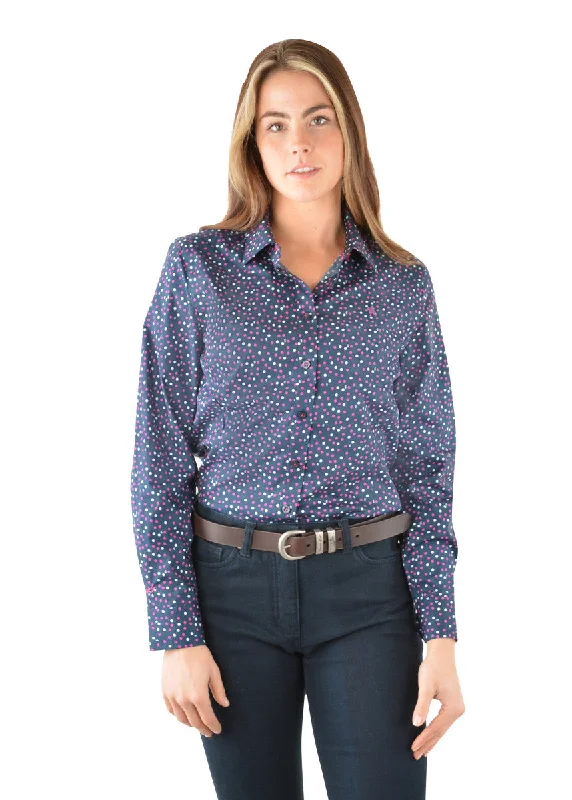 Thomas Cook Womens Casey Long Sleeve Stretch Shirt - Navy Asymmetrical Pockets Print