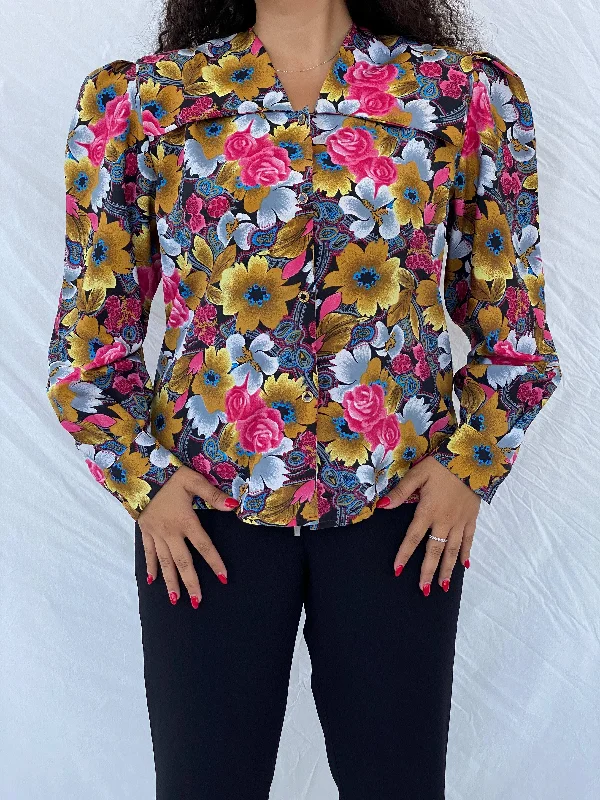 Vintage Lady M’adlen Confecciones Floral Puff-Sleeve Shirt - XL Satin Blend Silk Blend Wool Blend