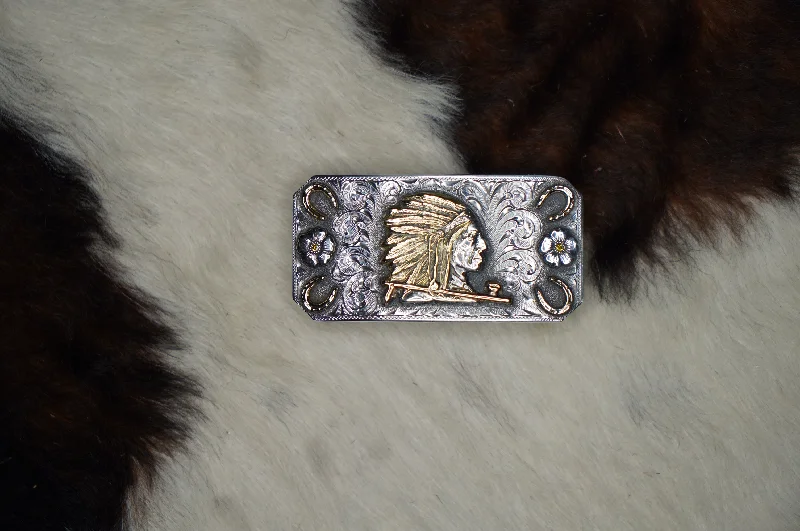 Clint Ormns 2.5" x 1.25" TROPHY BUCKLE W/ 14K GOLD INDIAN HEADDRESS Tunics Sophisticated sleek