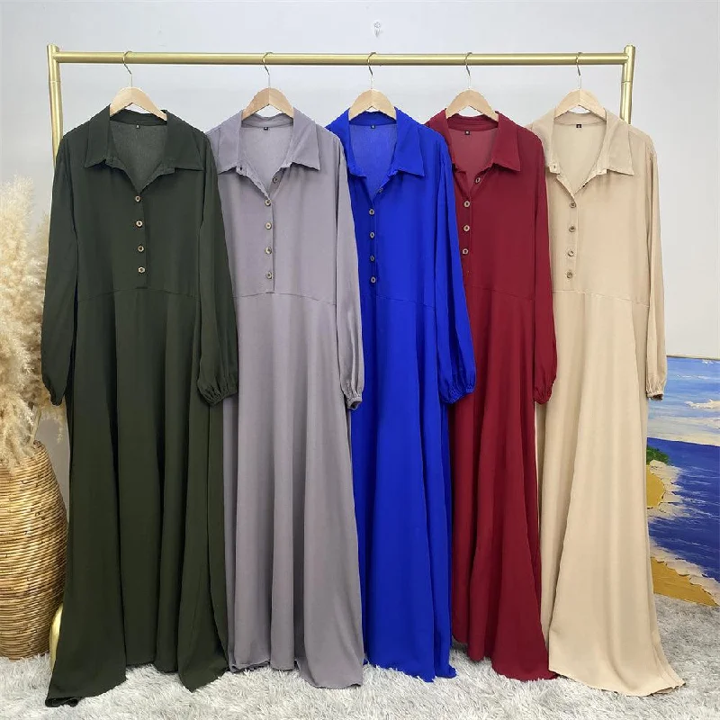 6771#  Eid Front Open Button Attach With Belt High Quality Woman Fahsion Muslim Dress Crew Neckline Casual