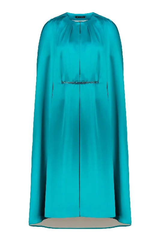 ALLAMANDA TEAL SILK SATIN CAPE DRESS WITH CRYSTAL BELT Tunics Summer linen