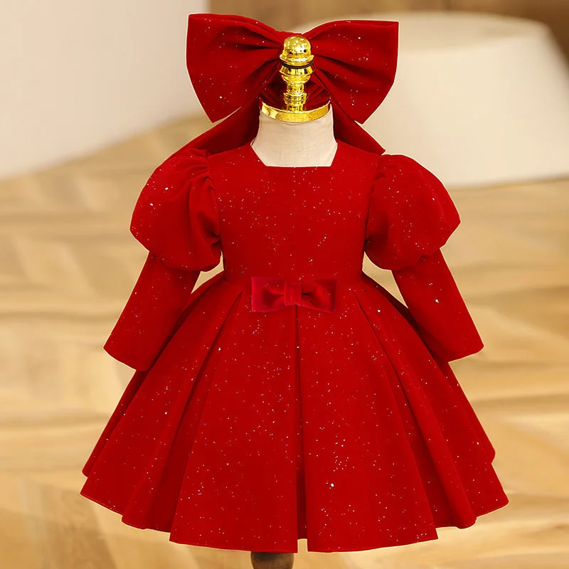 Girl Christmas Dress Baby Girl Red Butterfly Long Sleeve Princess Dress Toddler Christmas Dress Girl Formal Dresses Boat Neckline Classic