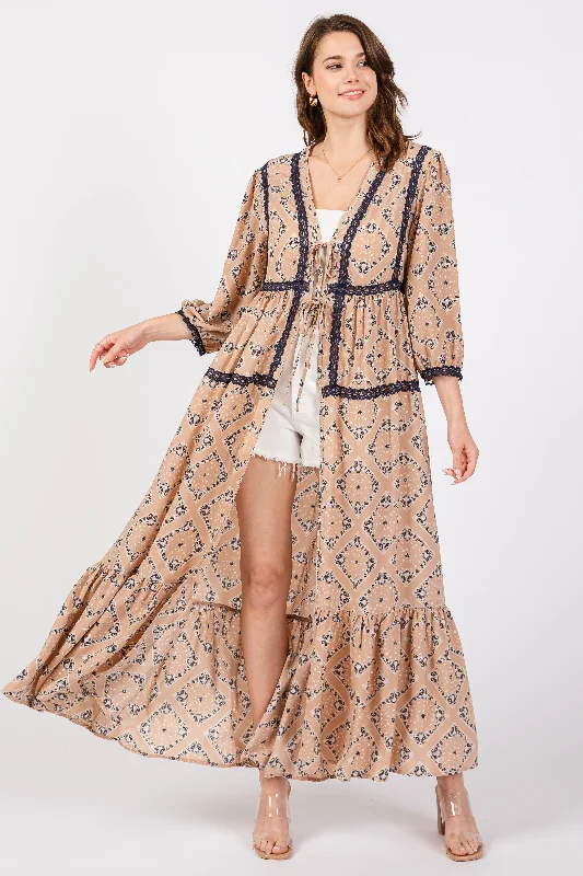 Beige Printed Tie Front Kimono Dress Tunics Exclusive limited