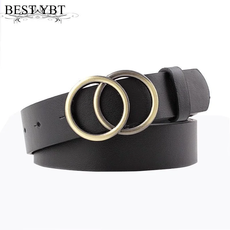 Best YBT Women Belt Imitation leather Alloy Pin Buckle Belt New Double Circle Button Belt Leisure Jeans Fashion Dress Women Belt Tunics Yoga stretchy