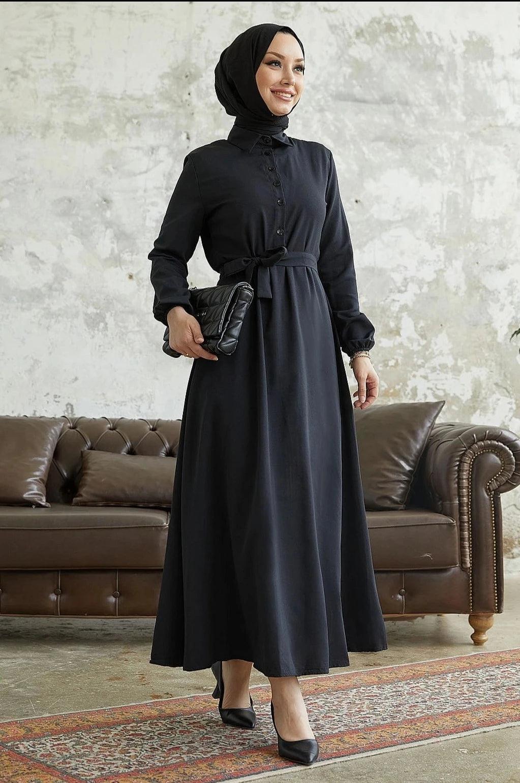 Black Eid Long Collar Abaya Dress With Buttons and Belt Tunics Essential wardrobe