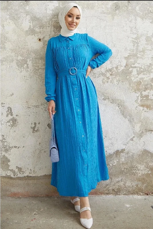 Textured Abaya Dress with Belt and Buttons for Eid Muslim Women Tunics Luxurious premium