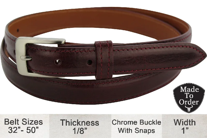 Burgundy Italian Calf Leather Designer 1" Wide Dress Full Grain Leather Belt **Made To Order Allow 7 To 8 Weeks To Ship Due To Holidays Tunics Wedding white