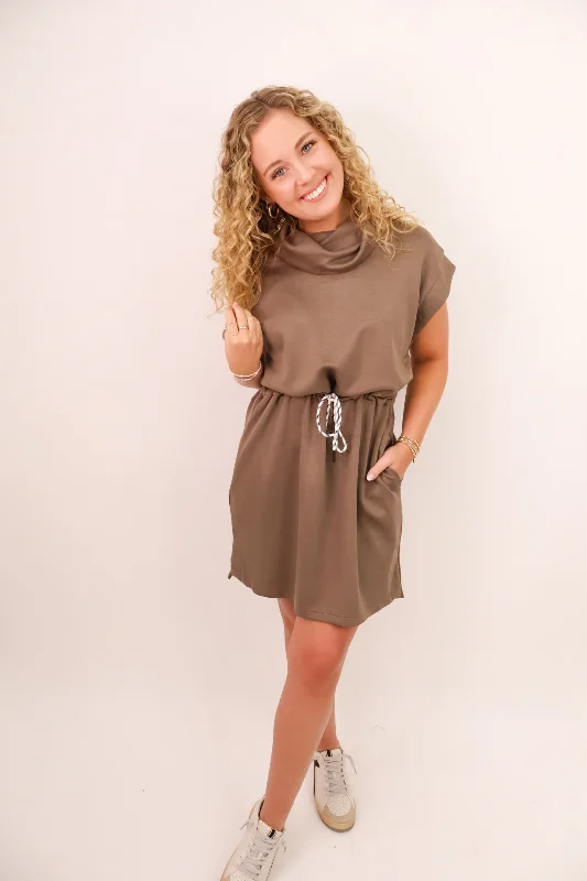 Casual Drawstring Waist Dress - Mocha Tunics Stylish elegant