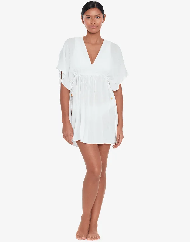 Crinkle Tunic Beach Dress - White Square Neckline Feminine