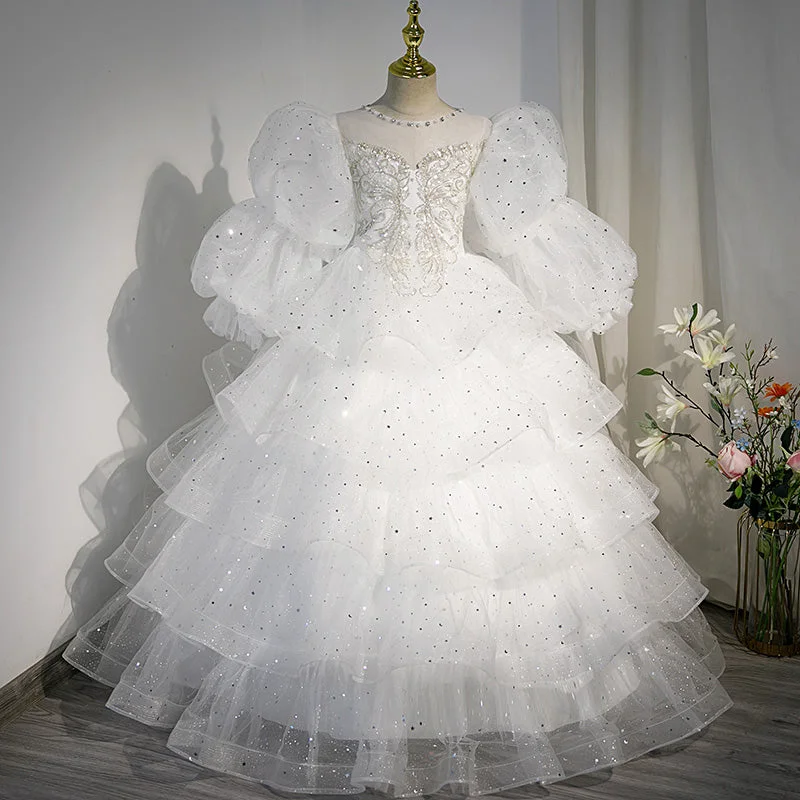 Girl First Communion Dress Children White Puffy Beauty Pageant Princess Christening Dress Tunics Satin smooth