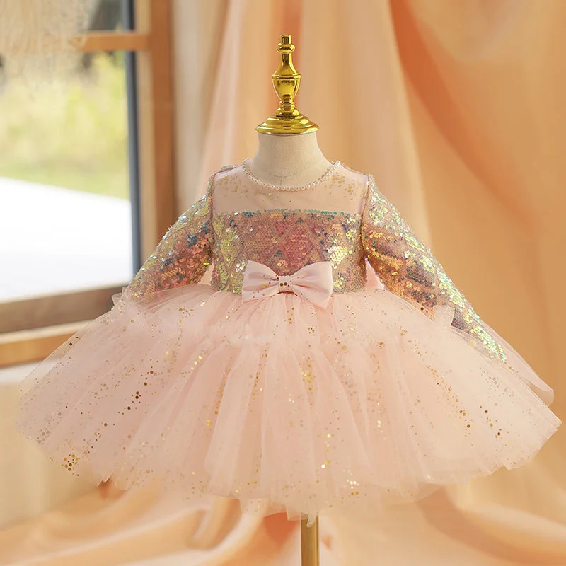 Toddler Prom Dress Girl Princess Dress Autumn Sequin Bowknot Long Sleeve Party Dress Tunics Cozy comfortable