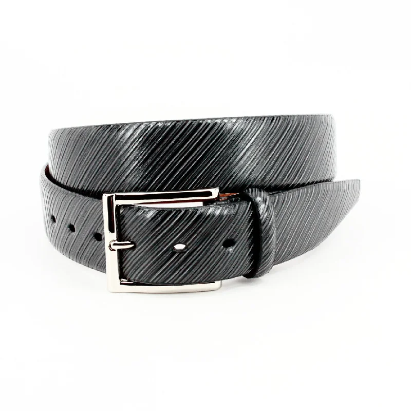 Diagonal Etched Italian Calfskin Dress Casual Belt in Black by Torino Leather Tunics Spring floral