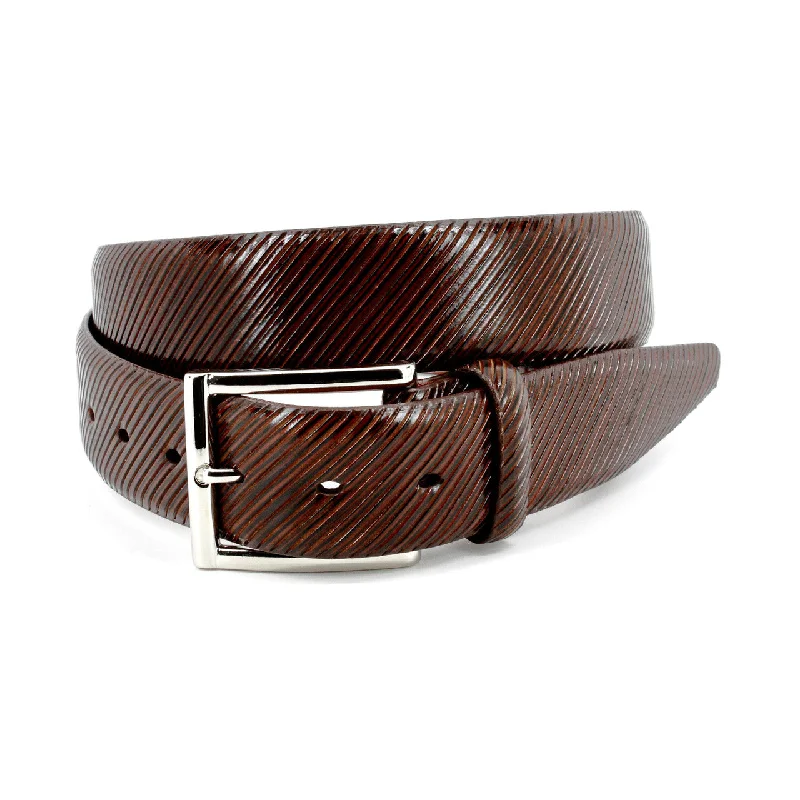 Diagonal Etched Italian Calfskin Dress Casual Belt in Chocolate Brown by Torino Leather Tunics Ceremony elegant