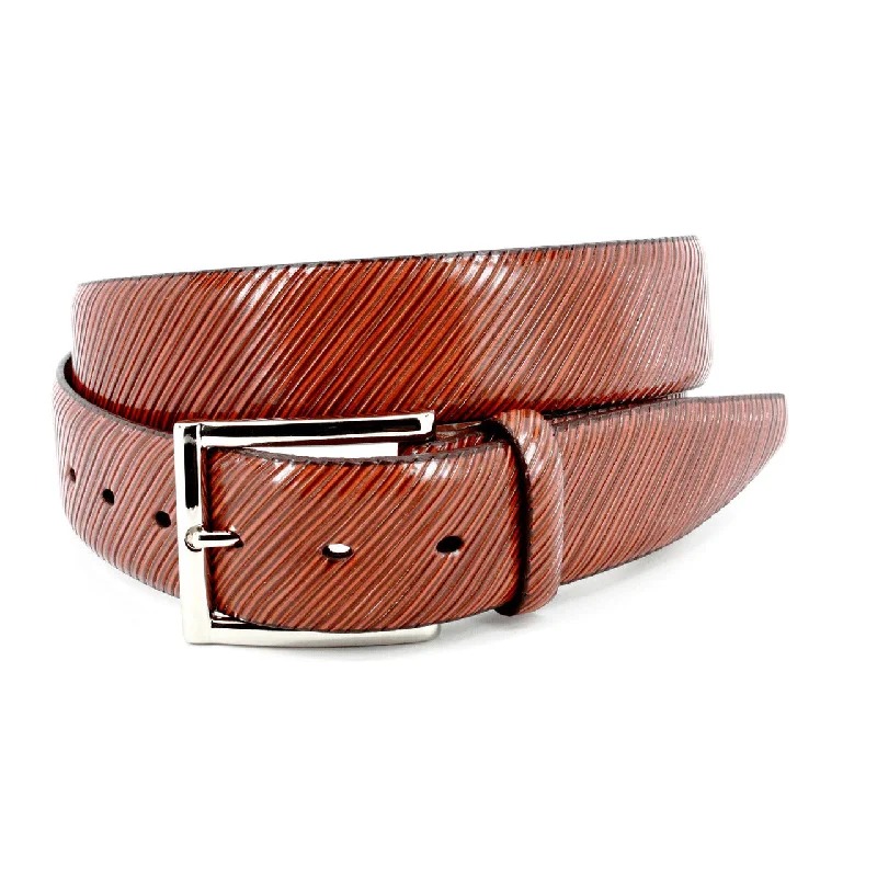 Diagonal Etched Italian Calfskin Dress Casual Belt in Cognac by Torino Leather Tunics Formal black