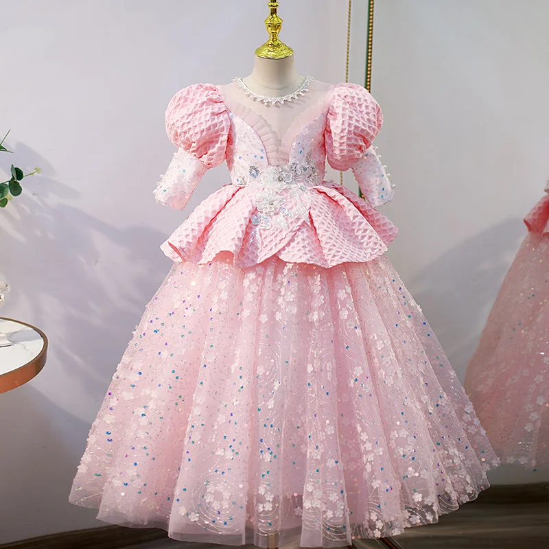 Flower Girl Dress Children Communion Pageant Elegant Cute Sequins Pink Princess Party Dress Tunics Brand named