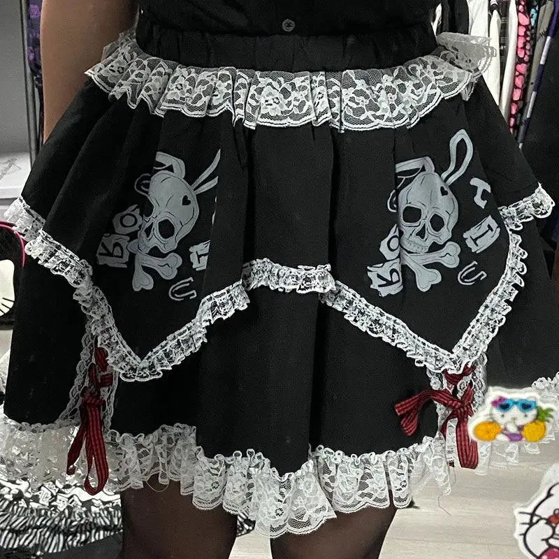 Short Girls Dress Cosplay Subculture Y2k Lace Skeleton Gothic Trend Black High Waist Layered Skirt Tunics Prom sequined