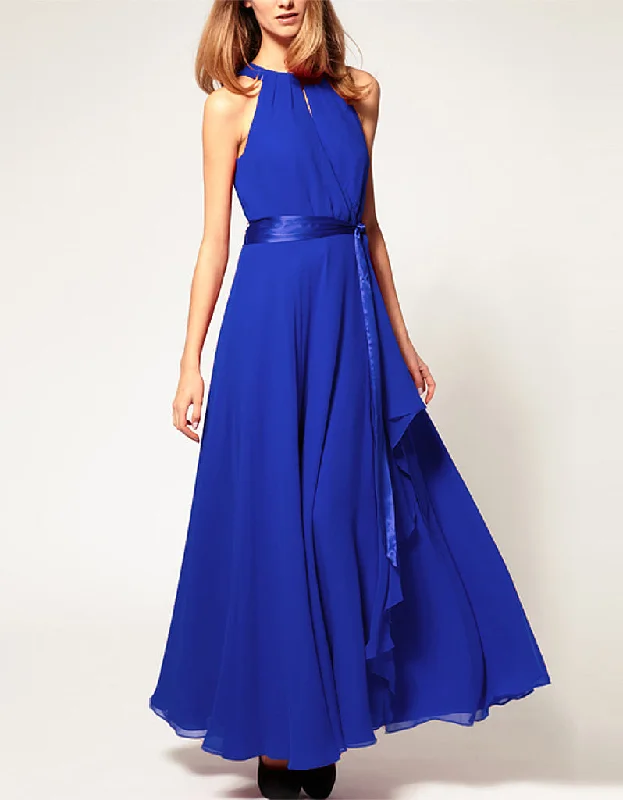 Halter neck flowy long dress with ribbon belt Tunics Stylish elegant