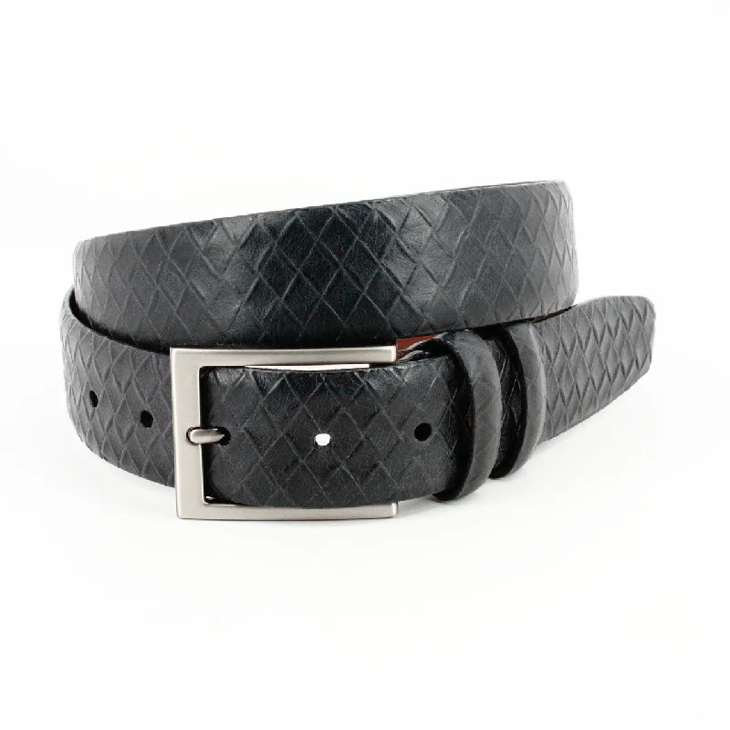 Italian Weave Embossed Calfskin Dress Casual Belt in Black by Torino Leather Tunics Party sparkling