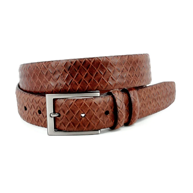 Italian Weave Embossed Calfskin Dress Casual Belt in Cognac by Torino Leather Tunics Evening elegant