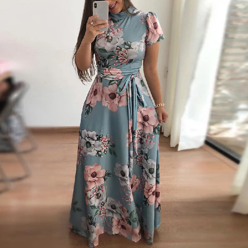 KANCOOLD Dress Fashion Women O-Neck Floral Printed Short Sleeve Dress Empire Sashes Casual Bandage Dress women 2018AUG8 Off-the-shoulder Chic Trendy