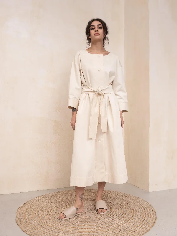 Liza Cotton Quarter Sleeves Dress-Trench Belted Tunics Silk luxurious