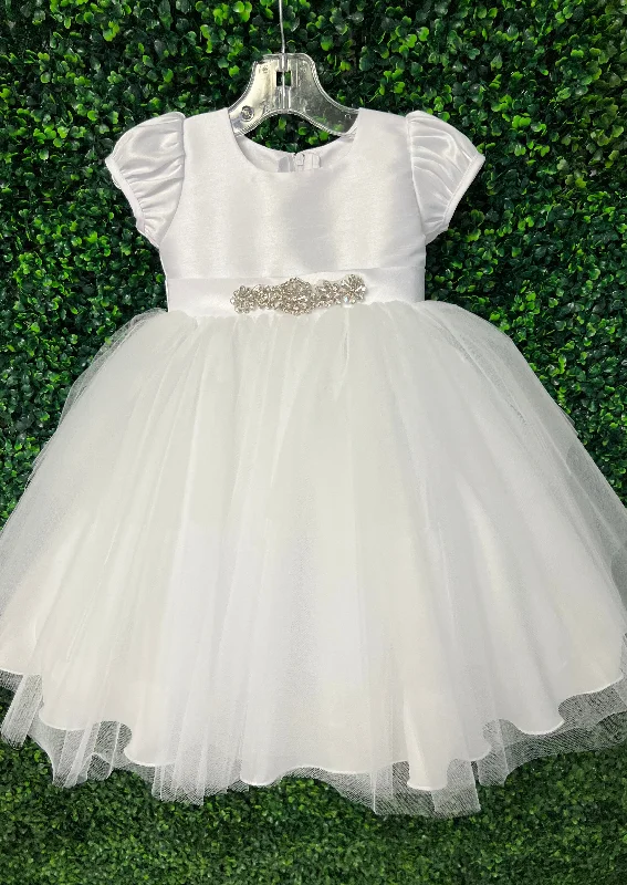 Nan & Jan White Shantung and Tulle Dress with Rhinestone Belt 35022WH Tunics Cozy soft