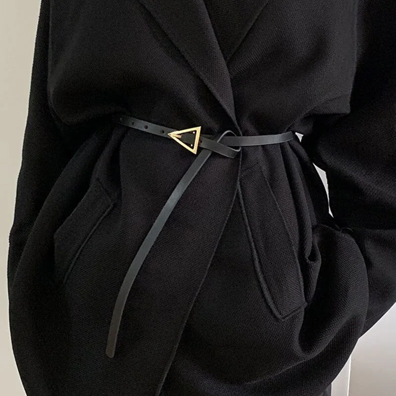 New Women Leather Small Knot Thin Belt Metal Round Triangle Buckle Waist Belts Designer Ladies Dress Decorative Waistband Casual Short Summer