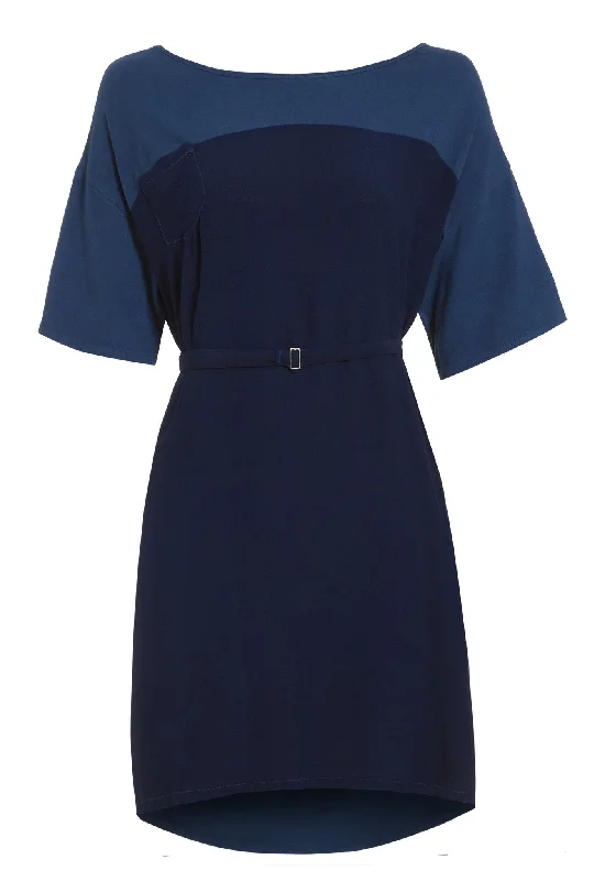 Outsider t-shirt dress with belt in woad dye blue contrast Tunics Versatile all-occasion